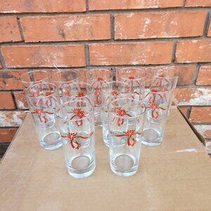 Vintage Anchor Hocking Poinsettia & Ribbons 15 oz. Iced Tea Drinking Glasses